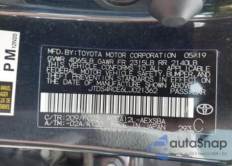 2020 Toyota Corolla Se из США, поврежденный, VIN JTDS4RCE6LJ021362